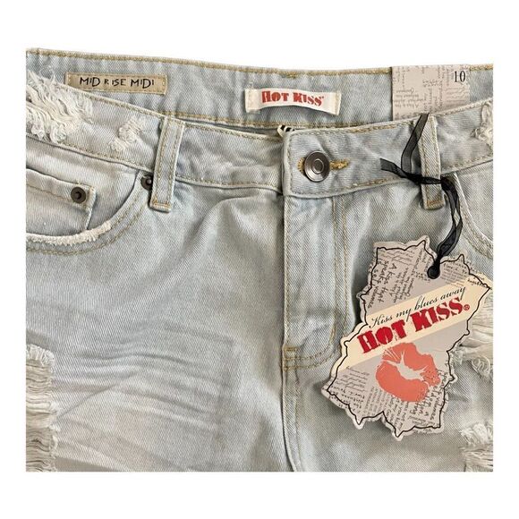 Hot Kiss Mid Rise Midi Ripped Distressed Stone Washed Denim Shorts SZ 10 BNWT - Picture 4 of 10